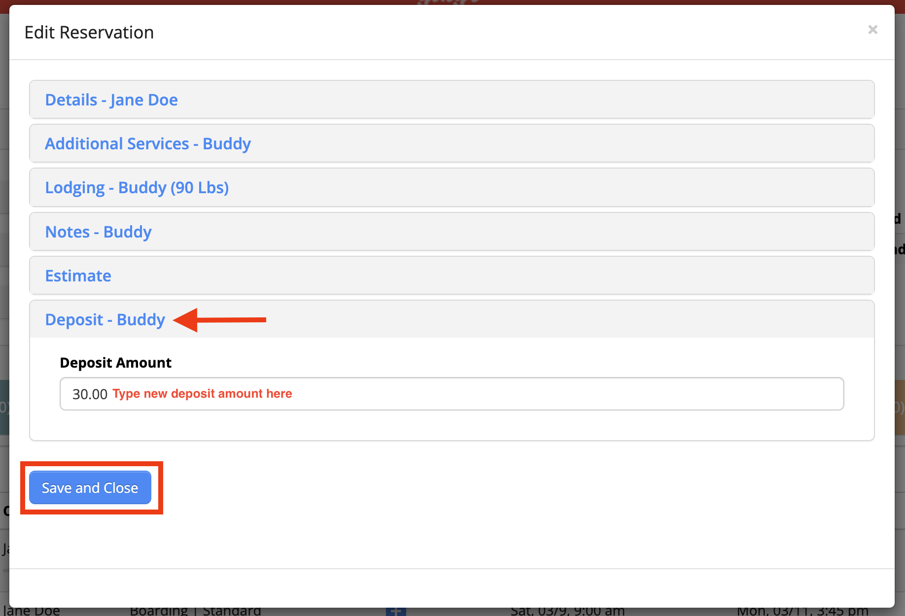 Edit reservation form with deposit section.