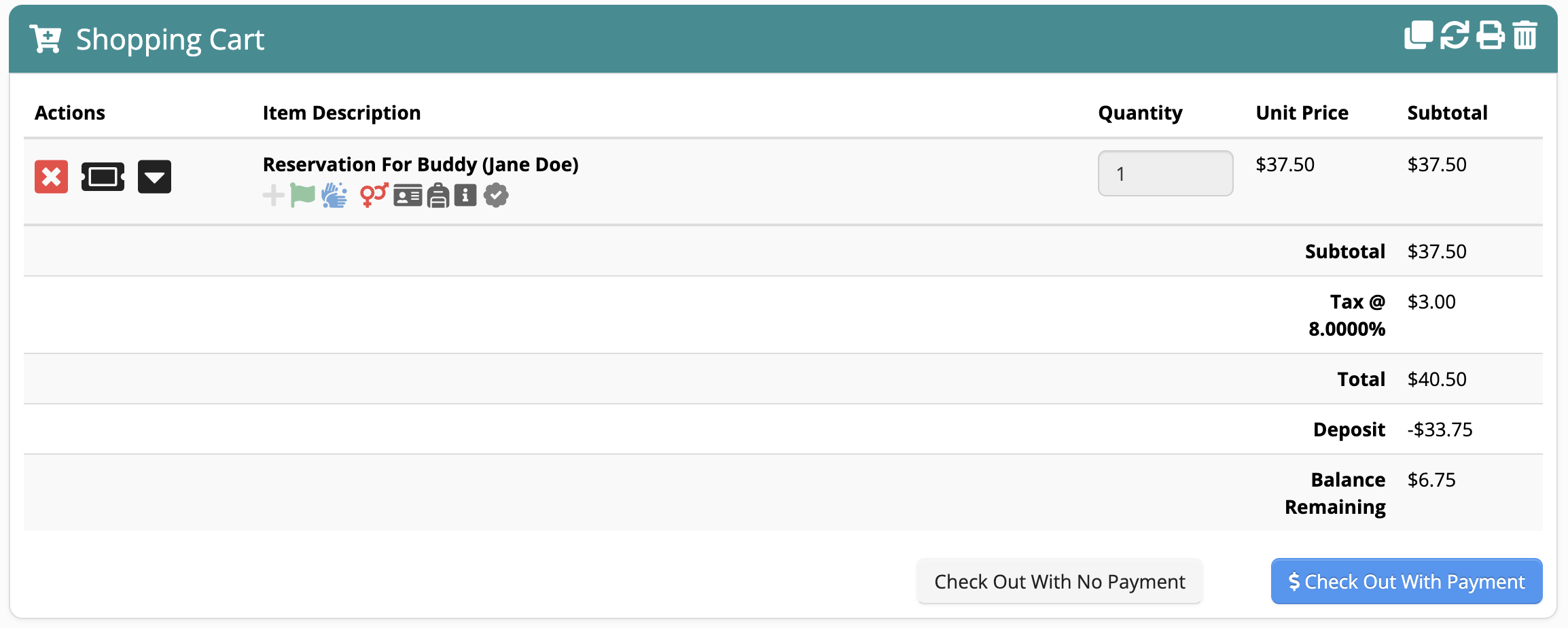 Shopping cart with reservation details