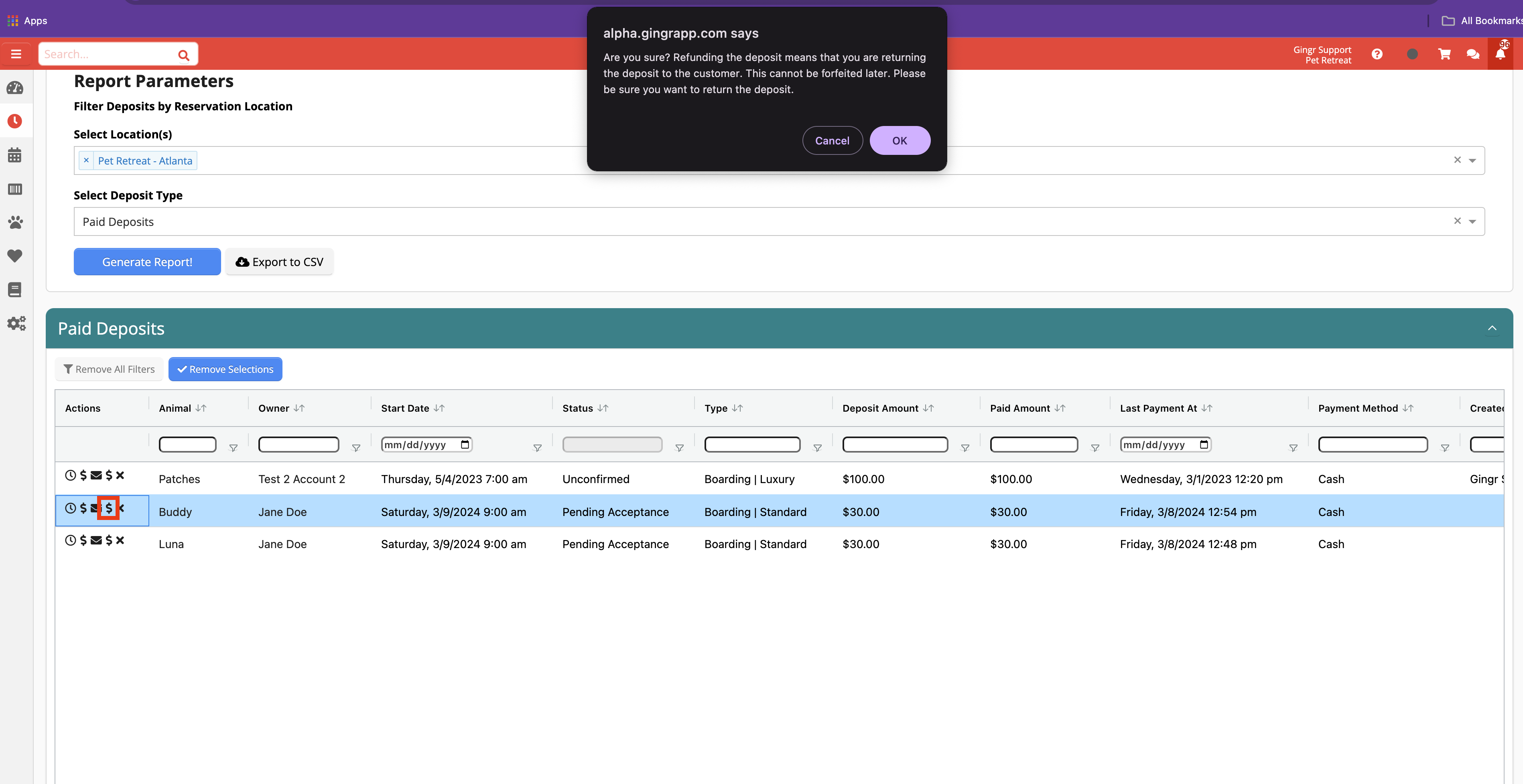 Refund confirmation dialog on deposit report page.