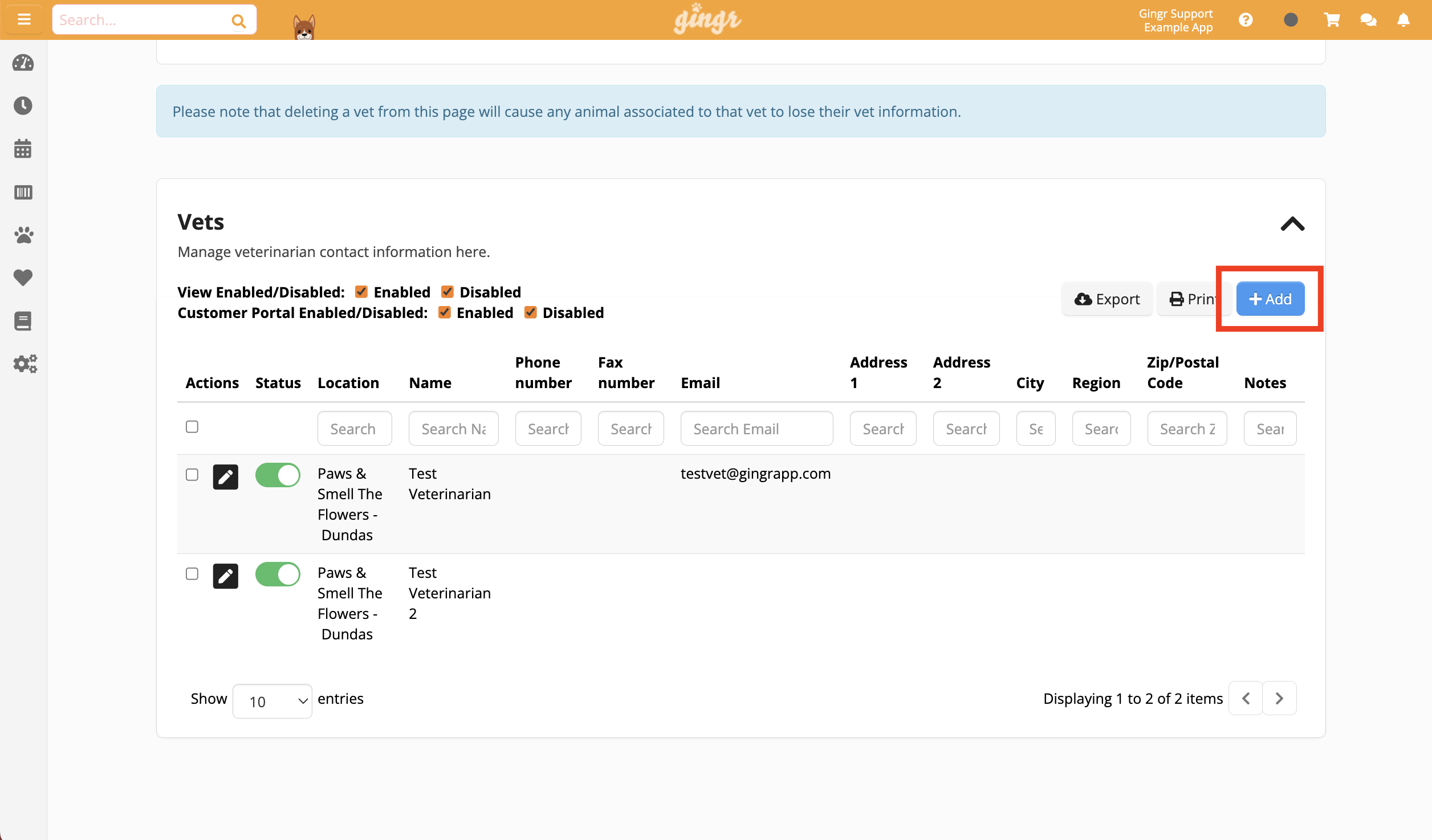 Veterinarian contact management interface.