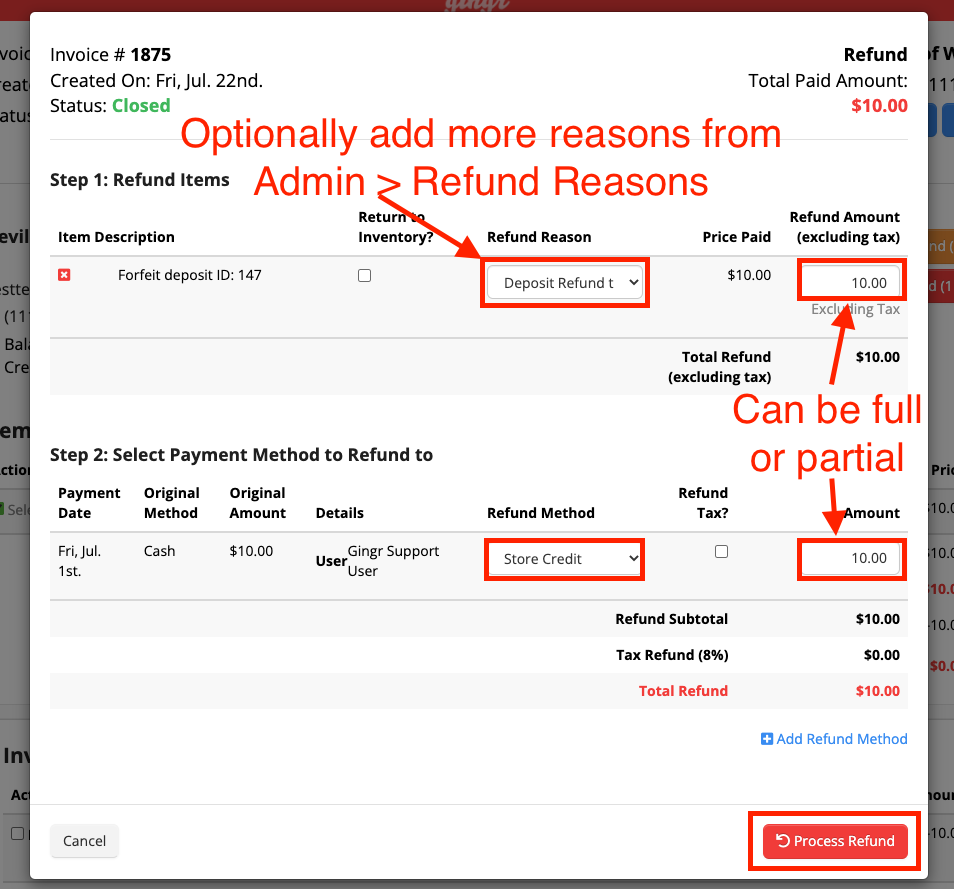 Refund process screen with options highlighted.