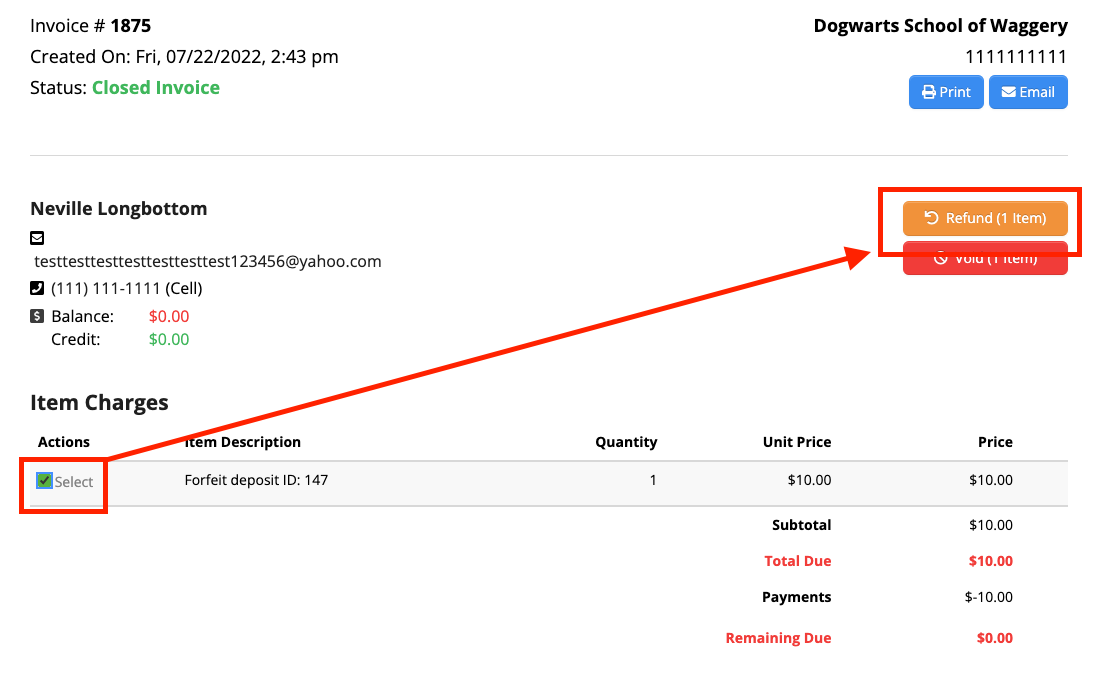 Invoice with refund option highlighted