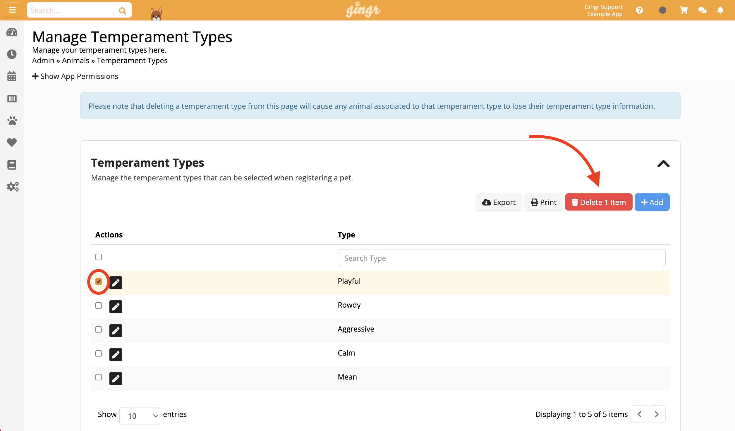 Manage Temperament Types interface screen.