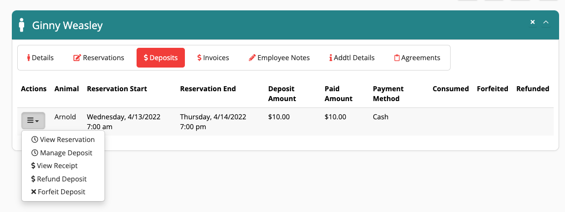Reservation deposit details table