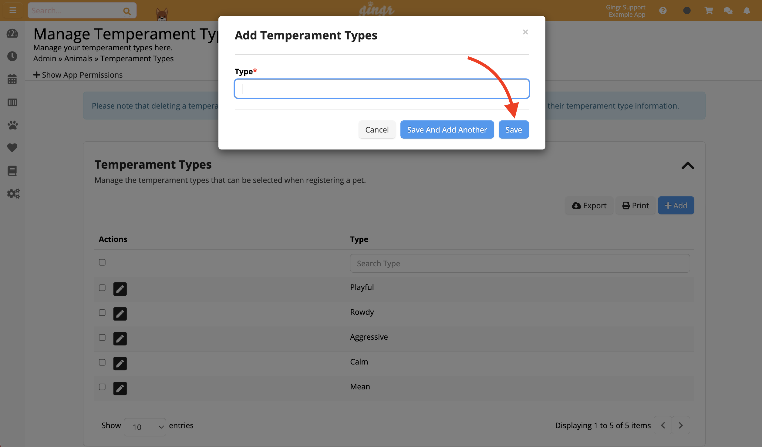 Add Temperament Types dialog box.