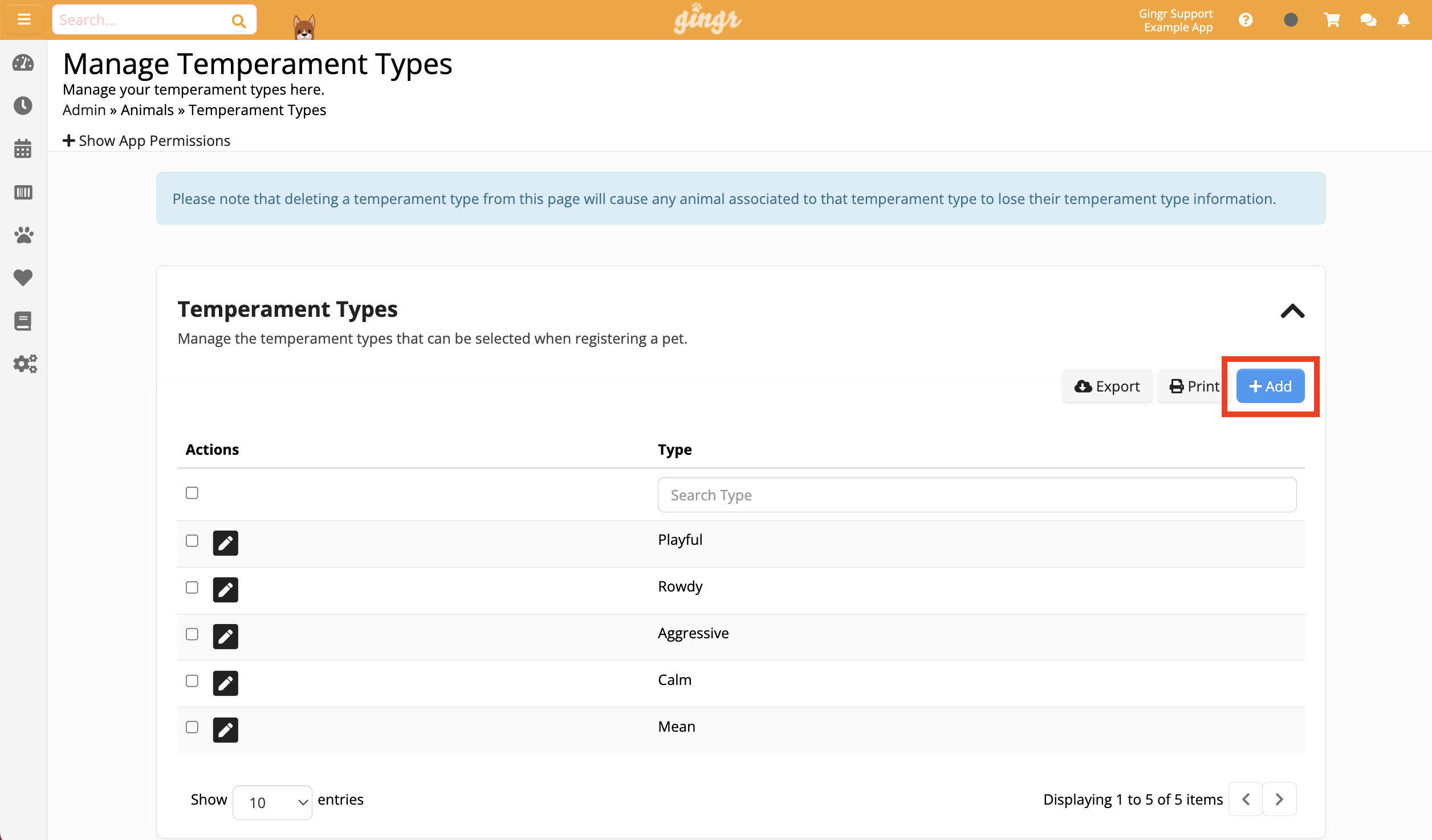 Manage pet temperament types interface.