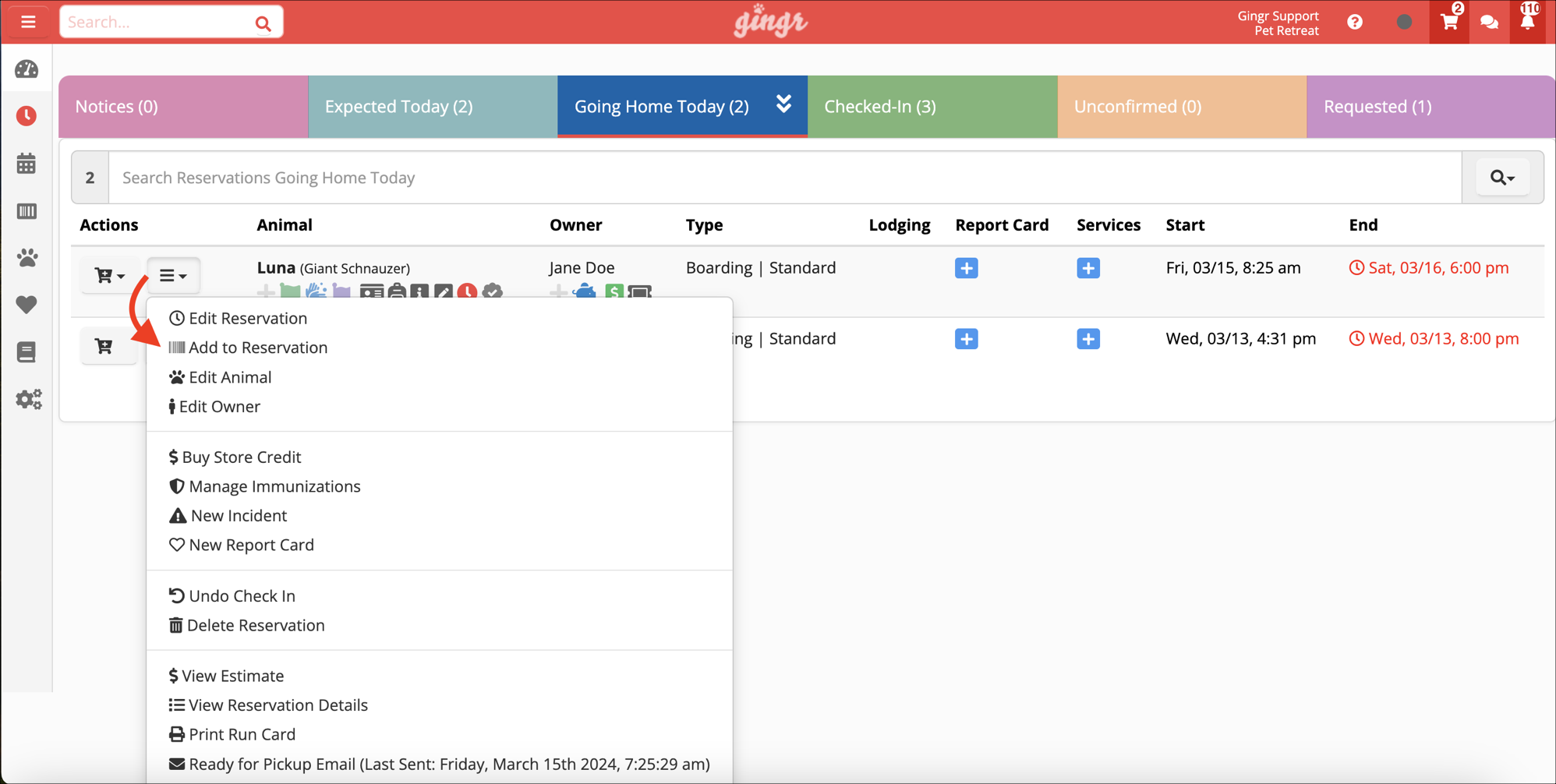 Reservation management dropdown menu.