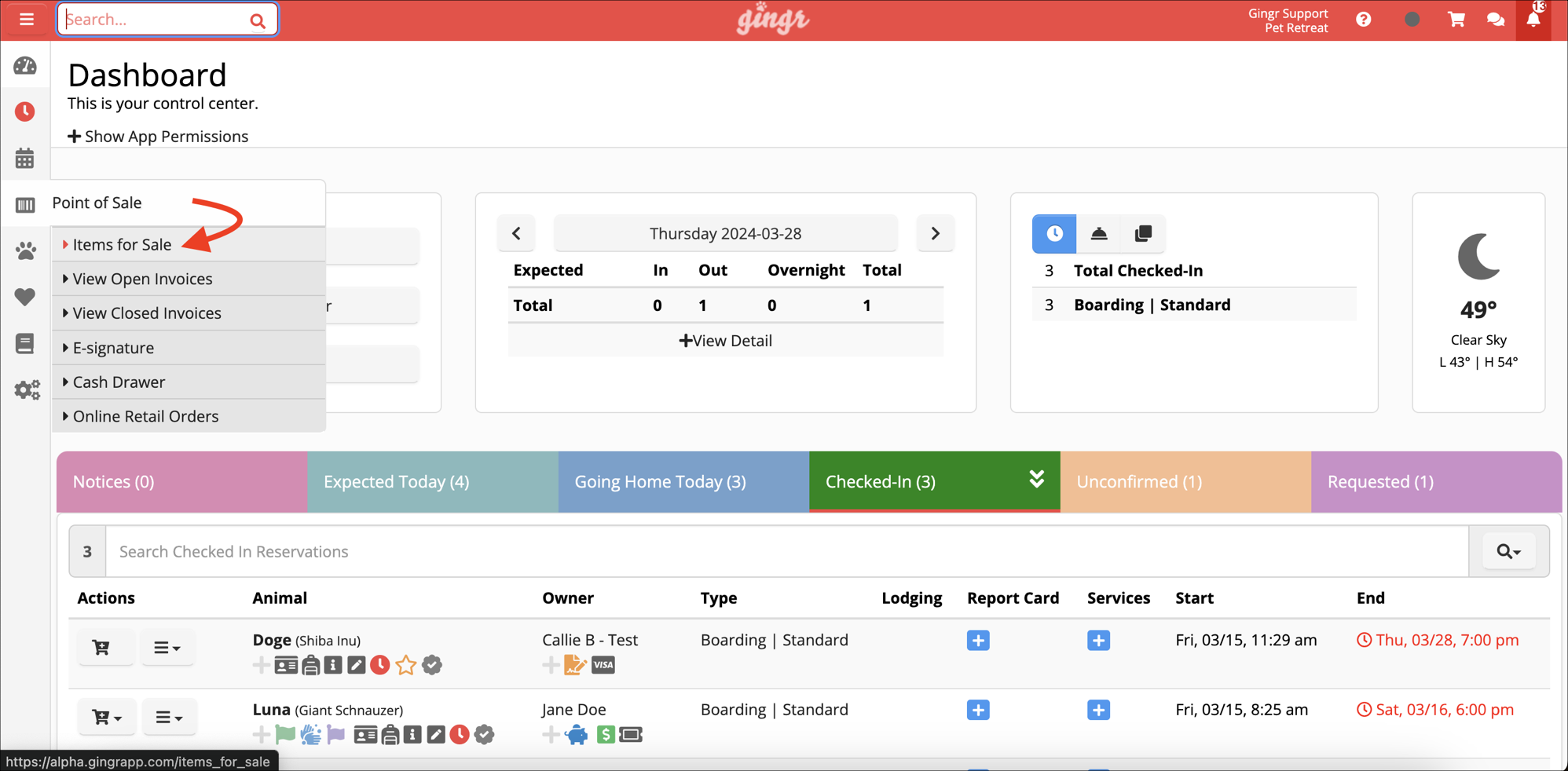 Dashboard with pet boarding details