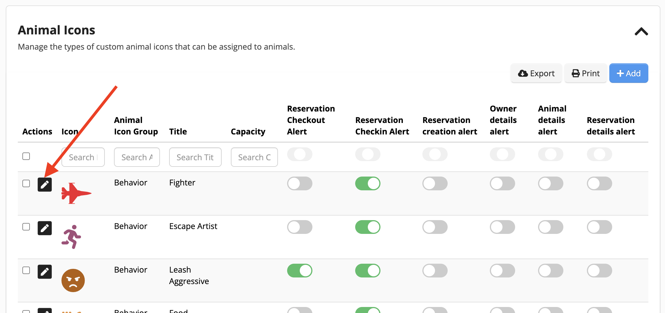 Animal icons management interface