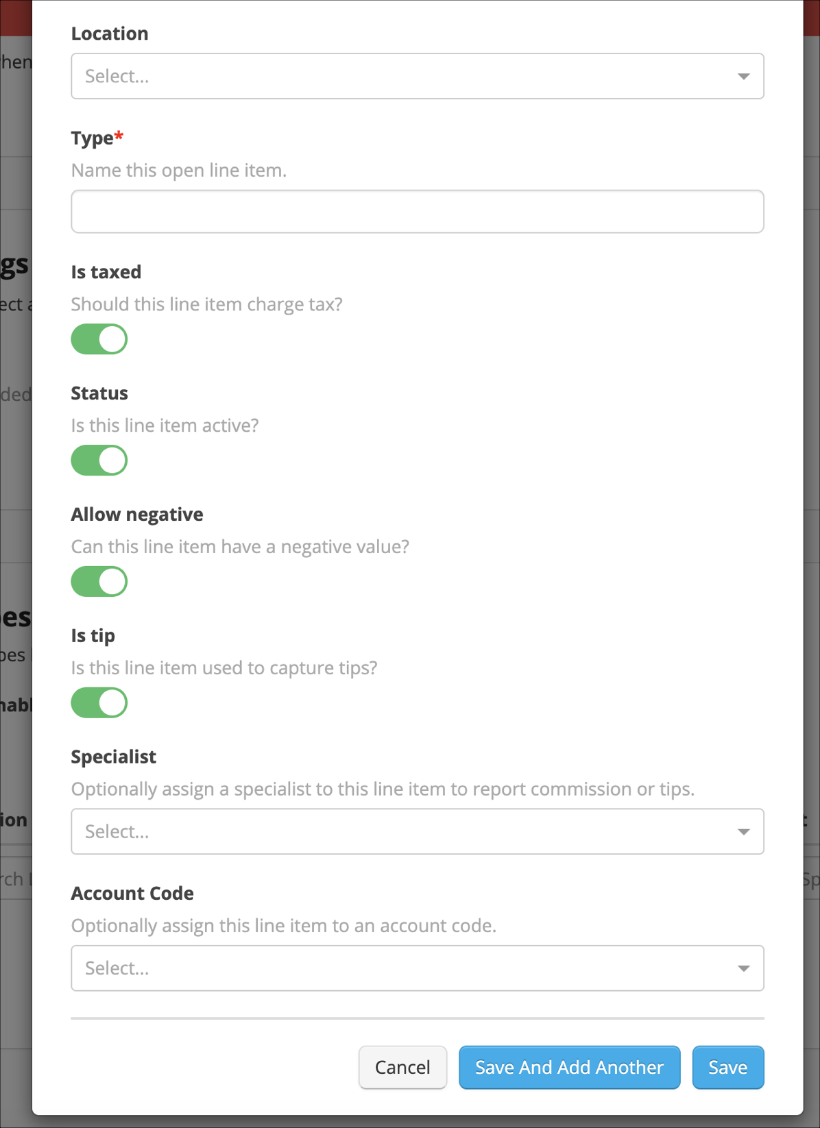 Form with toggle switches and dropdown menus.