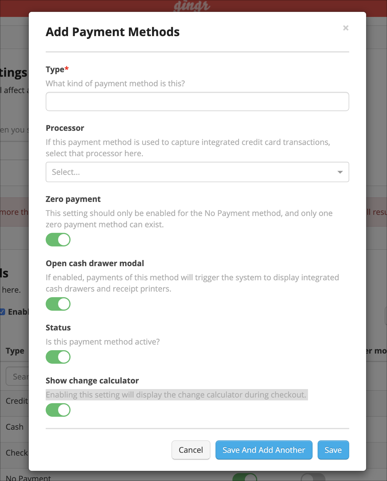 Add Payment Methods" settings window.