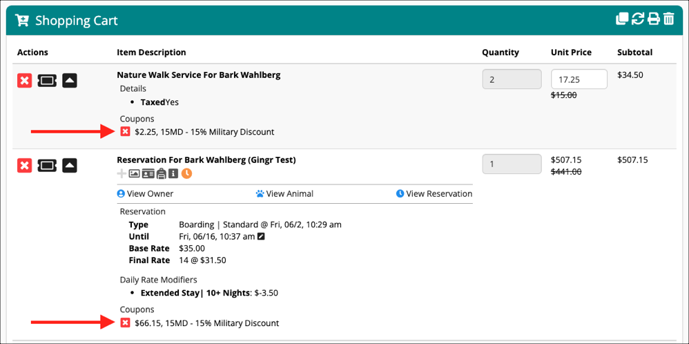 Shopping cart with discounts applied