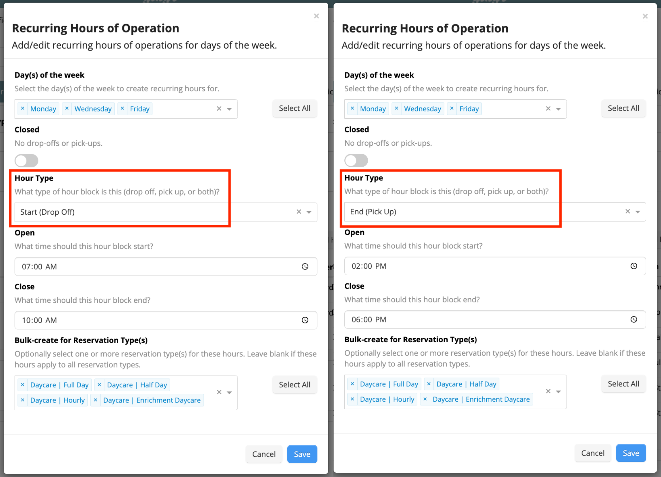 Recurring hours setup interface
