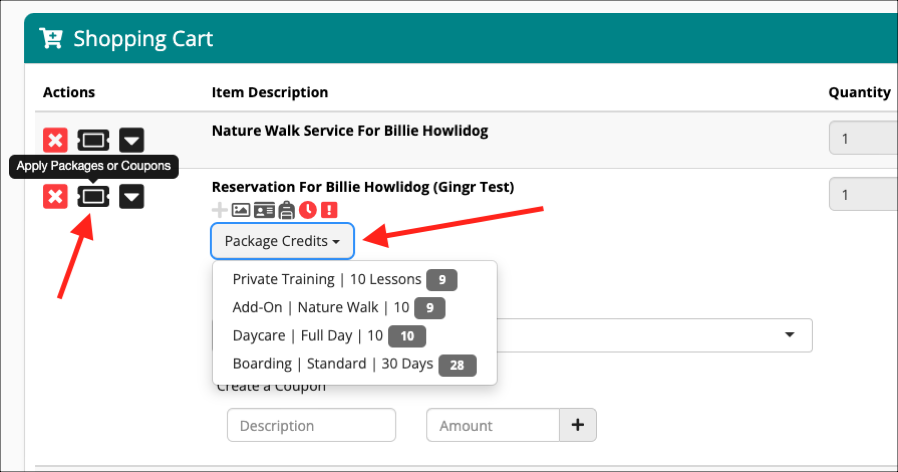 Shopping cart with package options dropdown.