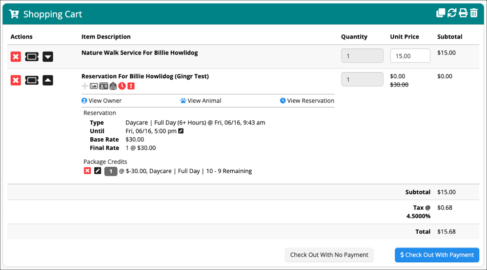Shopping cart with pet services listed.