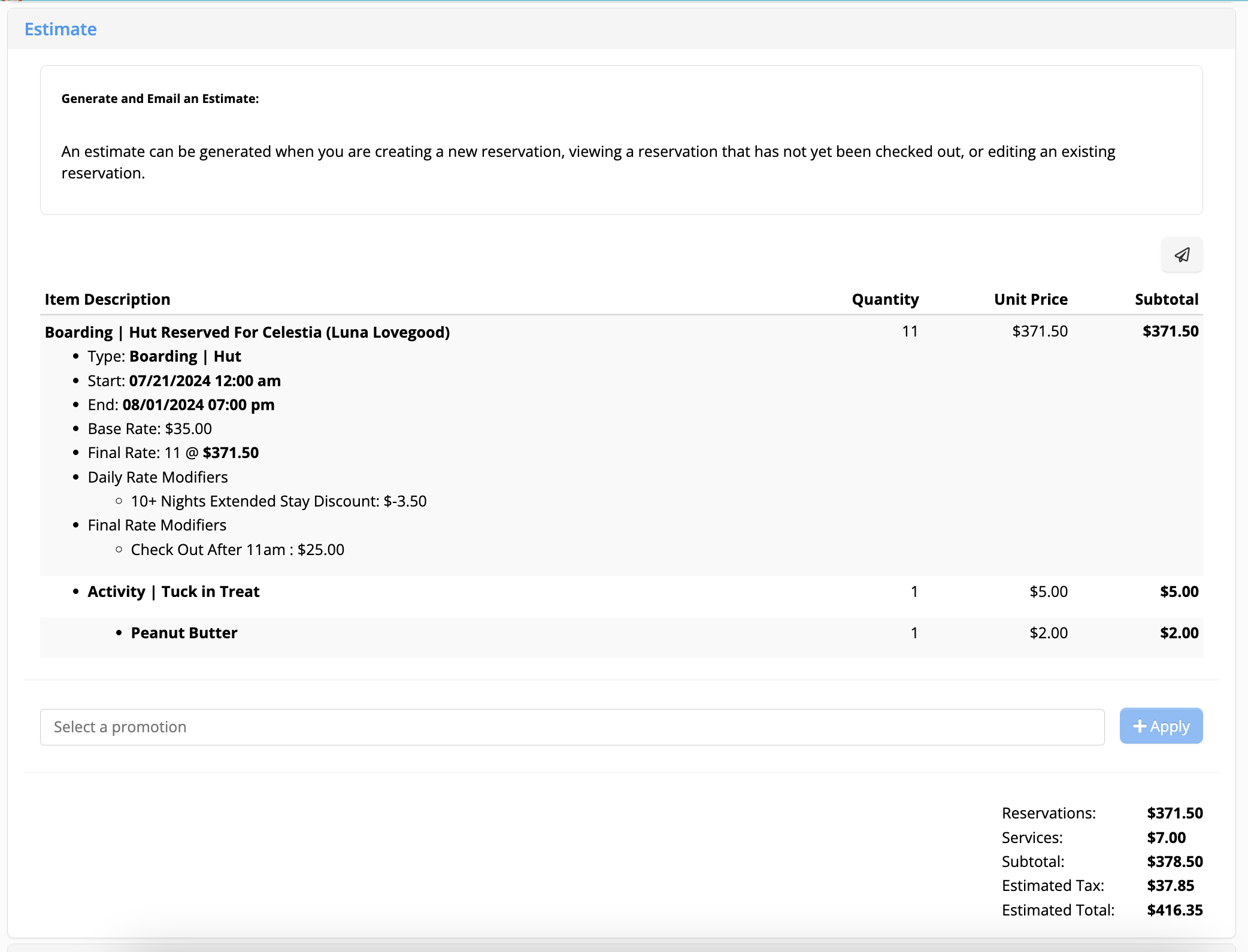 Boarding reservation estimate details.