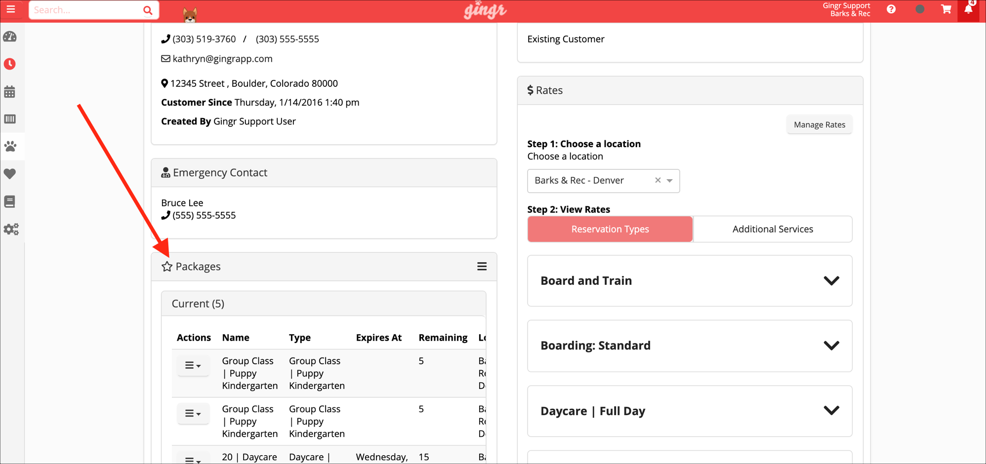 Customer profile and package details screen