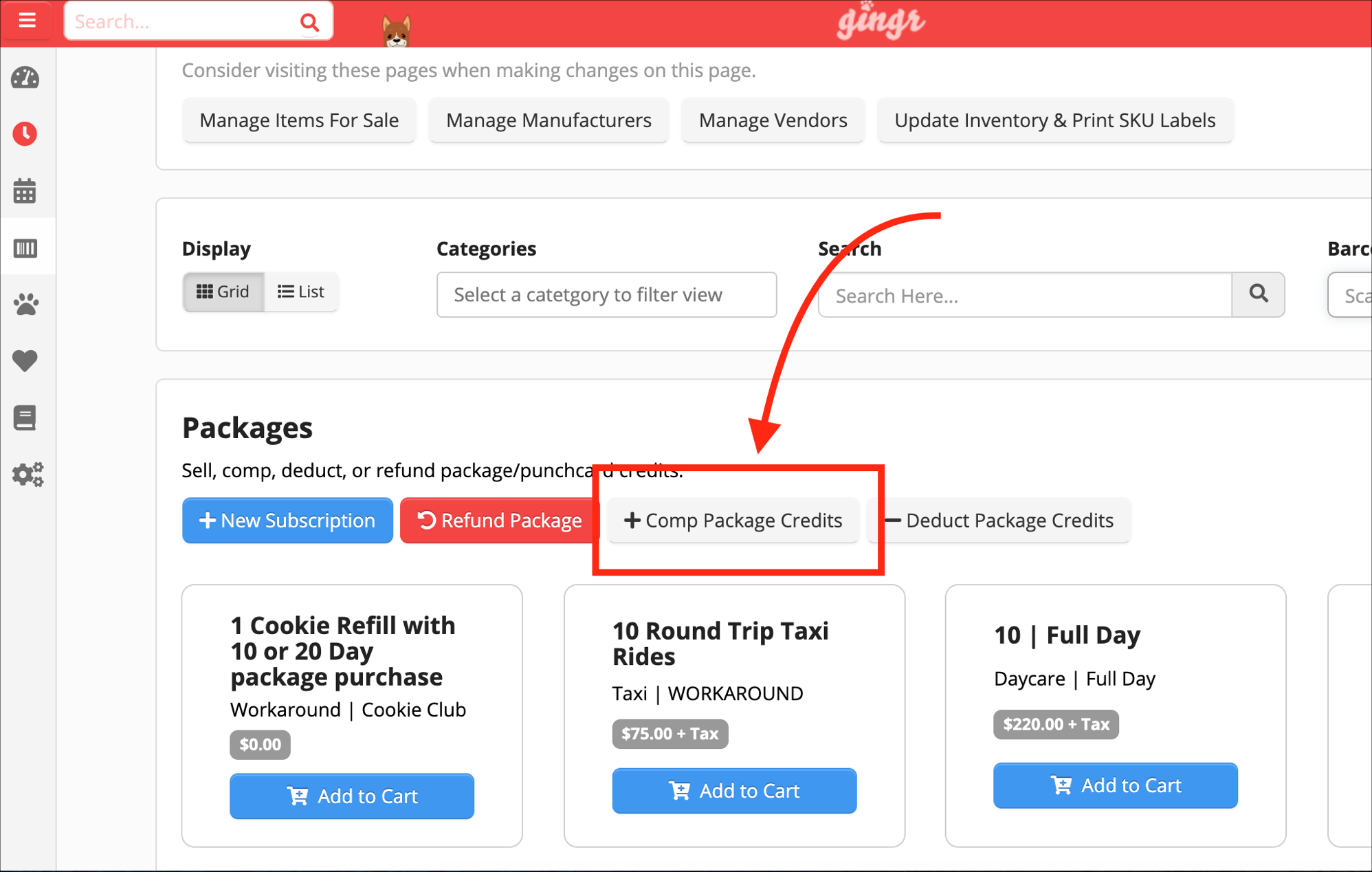 Comp Package Credits" button highlighted.