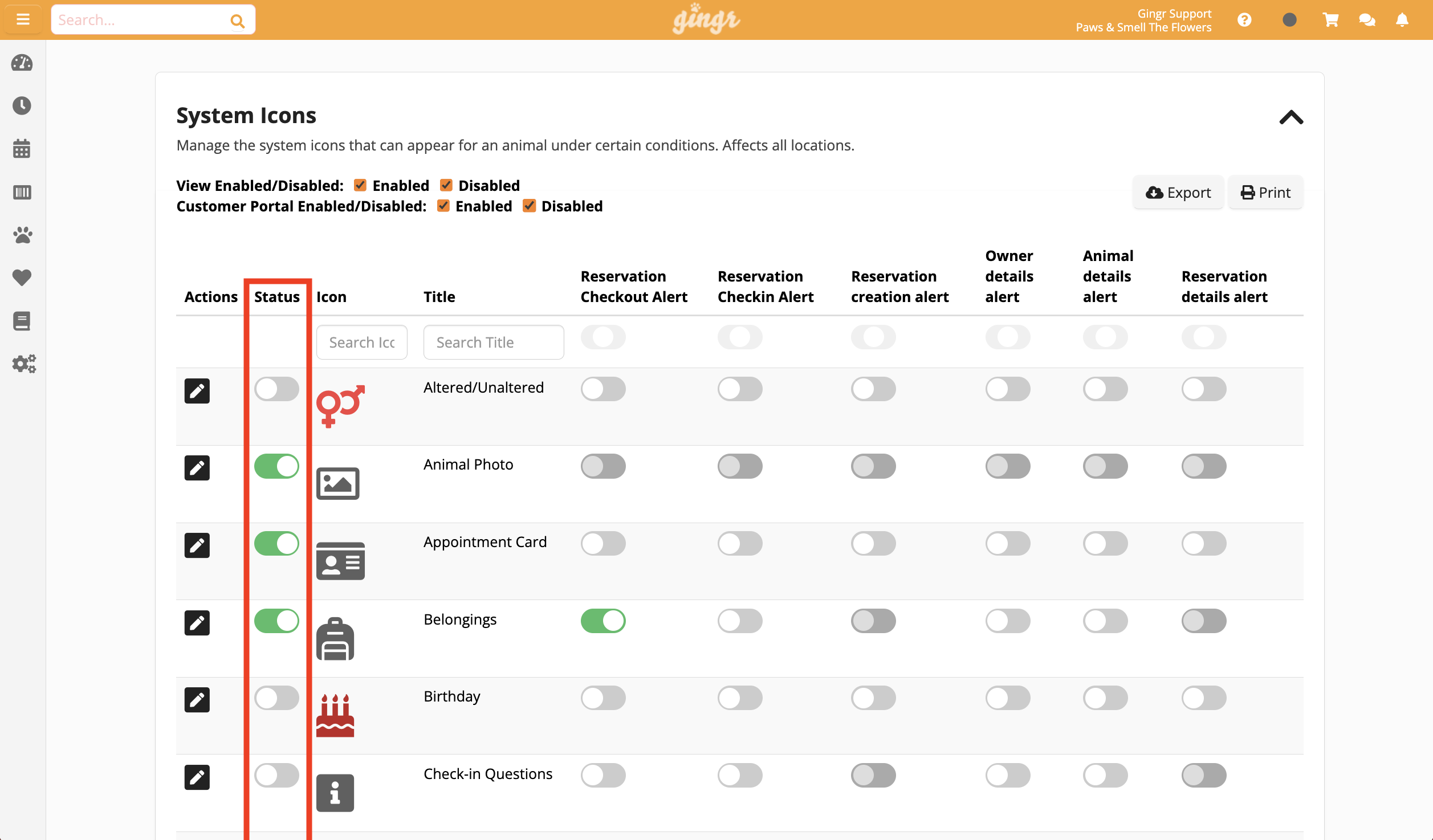 System icons management interface