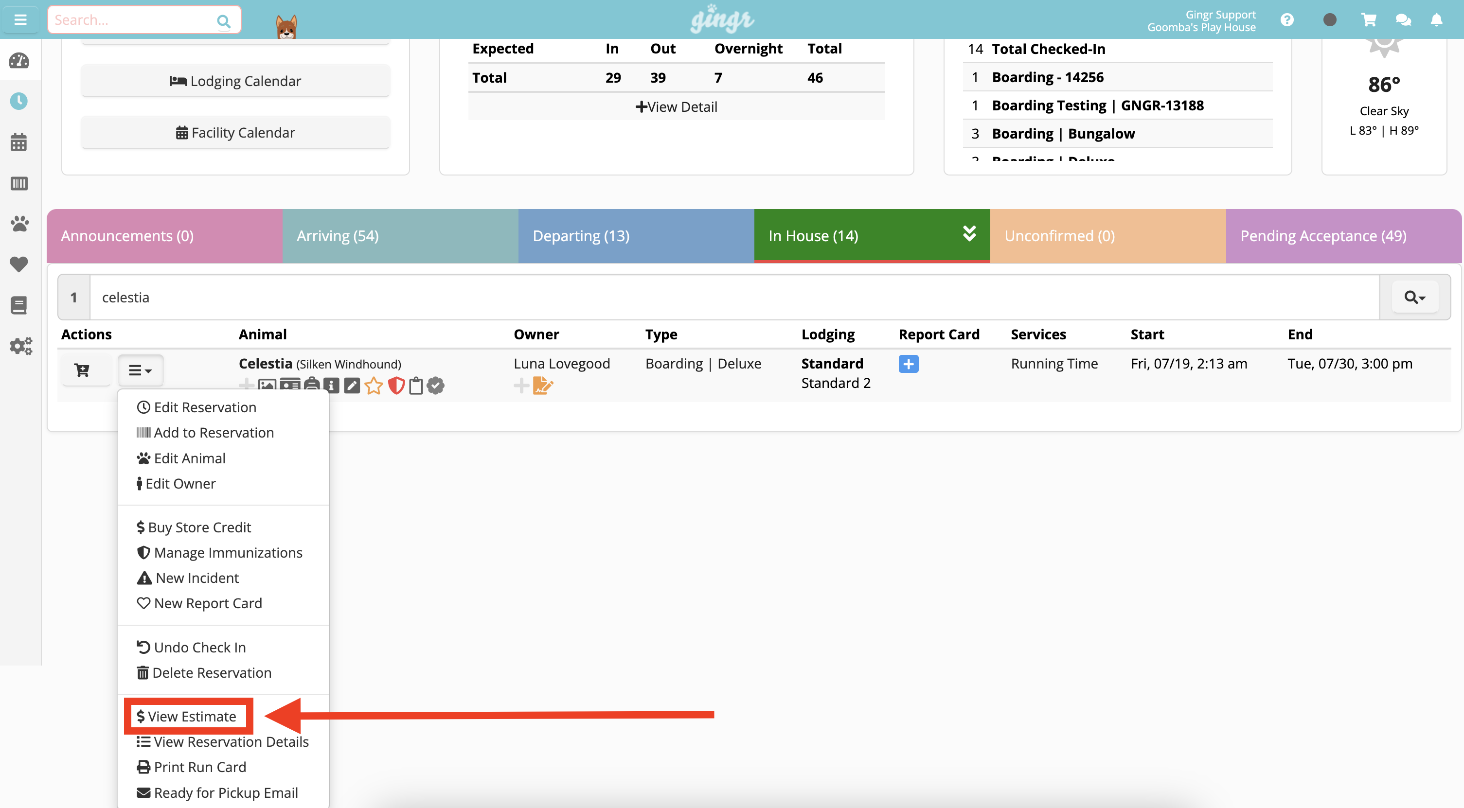 Dropdown menu with 'View Estimate' highlighted.