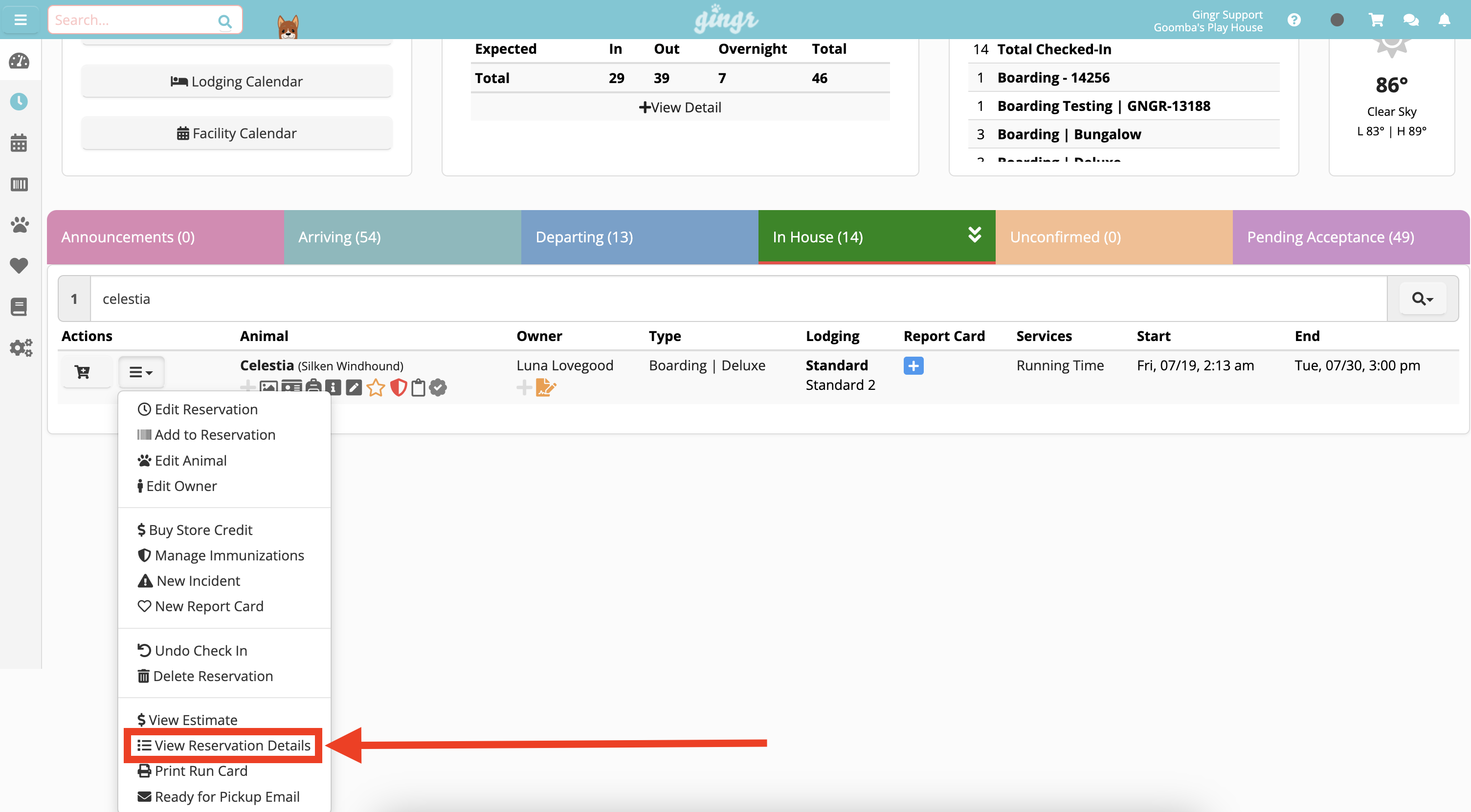 Reservation details dropdown menu.