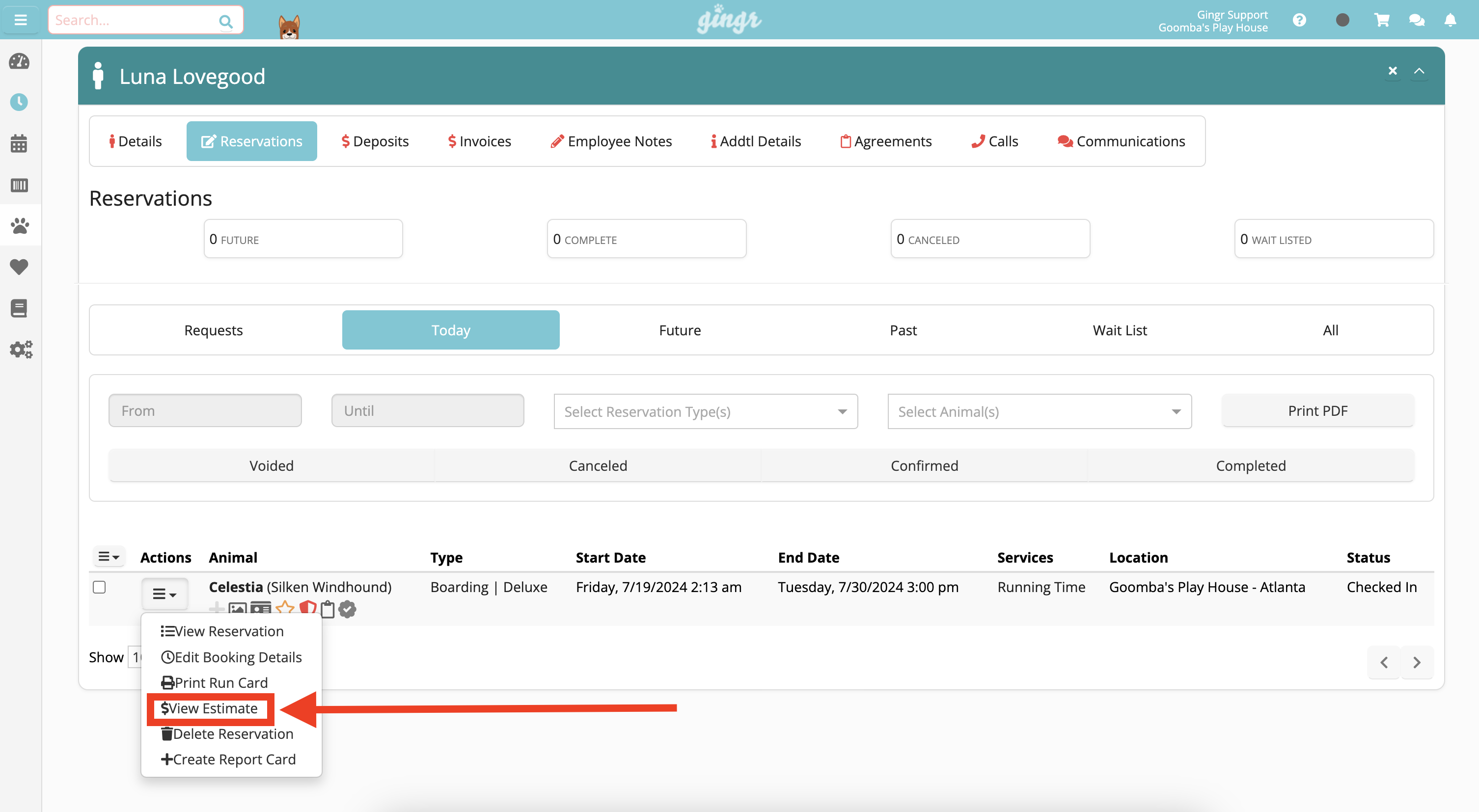 Reservation management screen with dropdown menu.