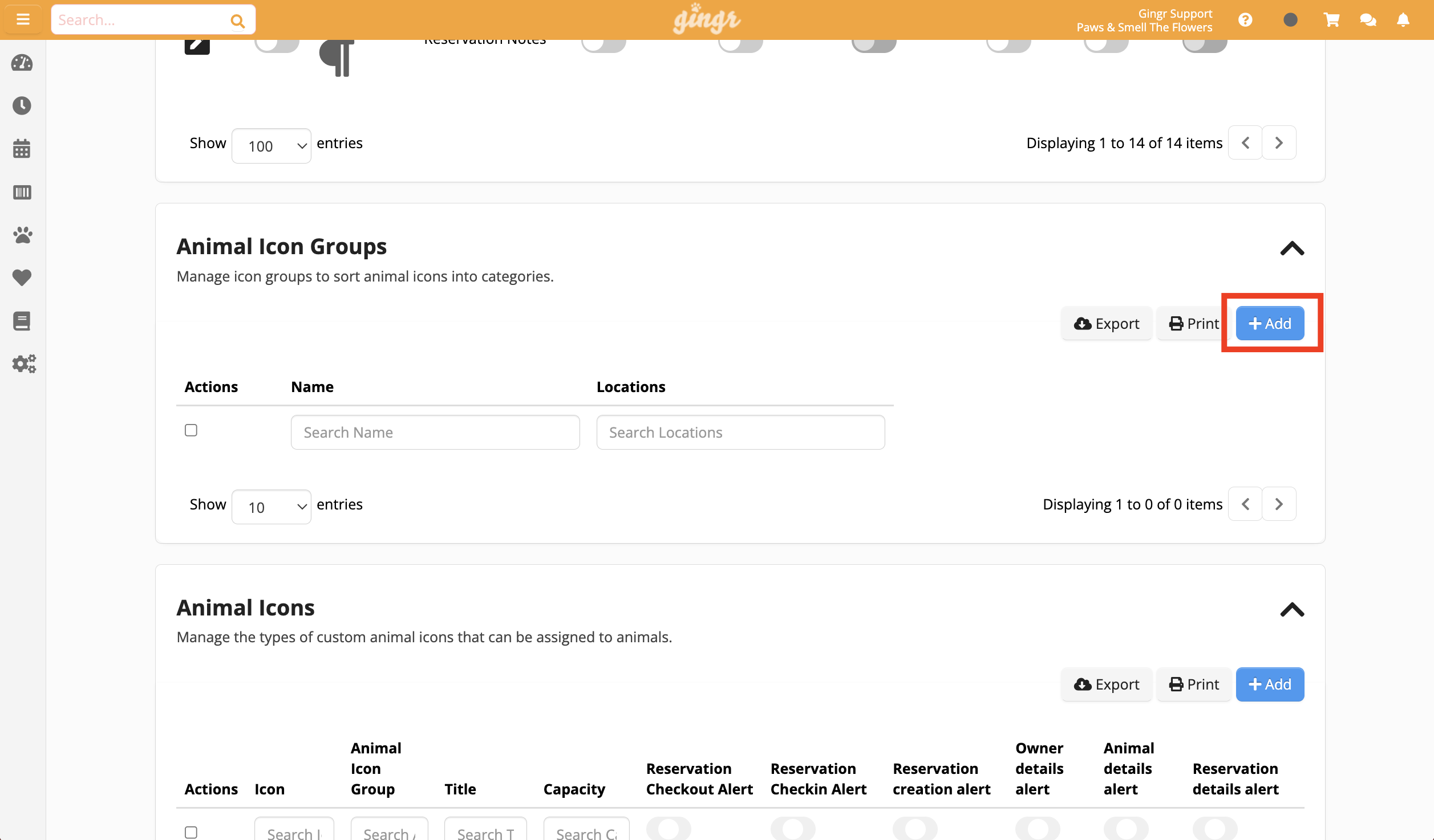 Animal Icon Groups management interface