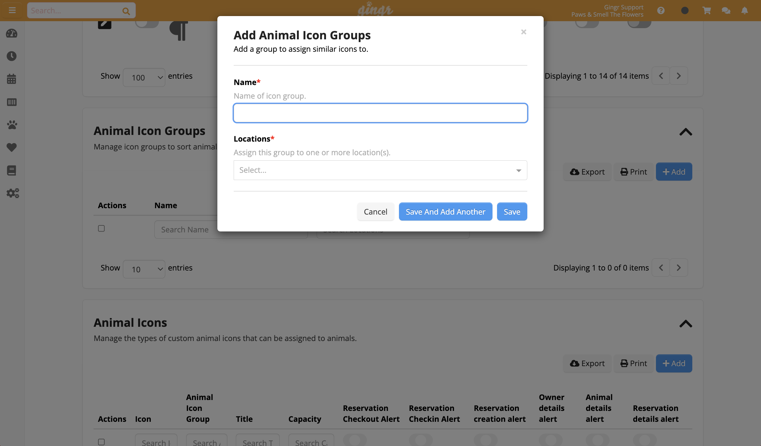 Add Animal Icon Groups" form interface.