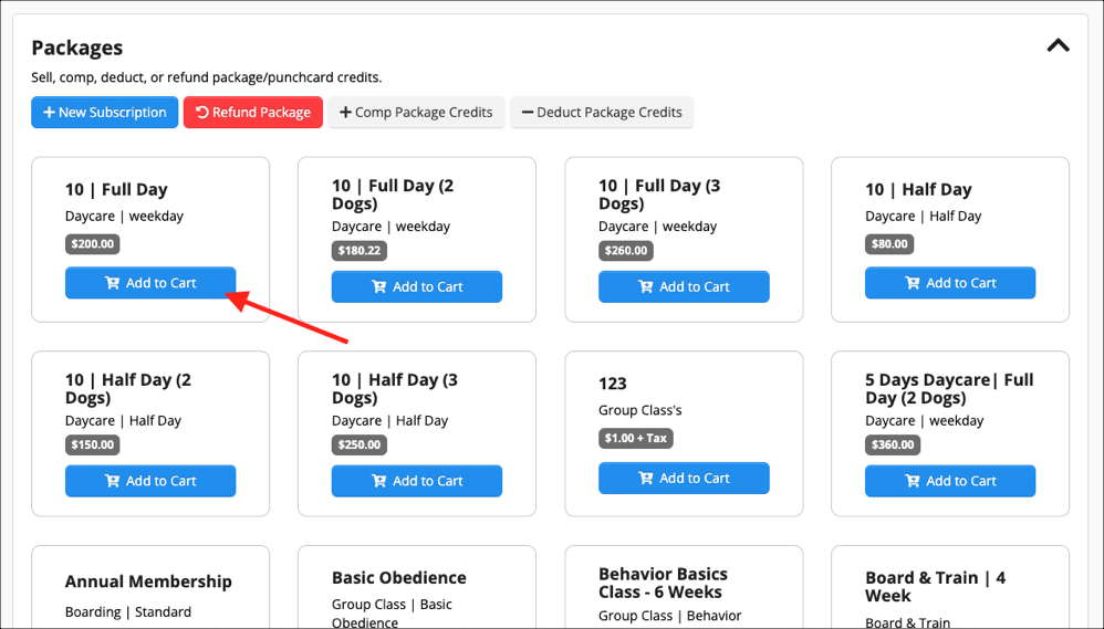 Package options with add to cart buttons