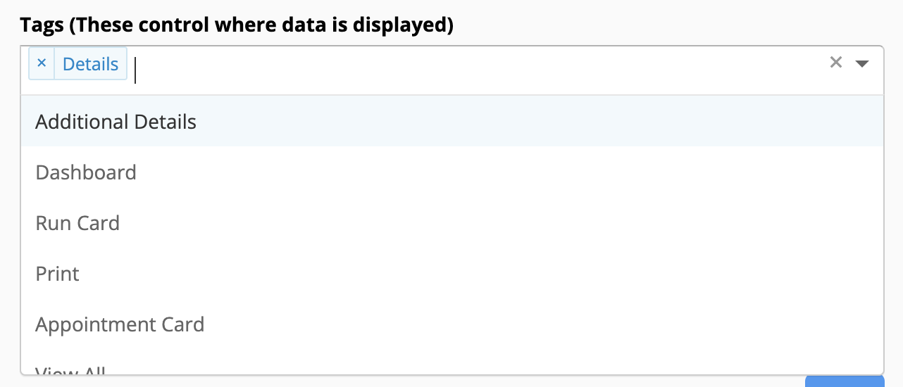 Dropdown menu with tag options.
