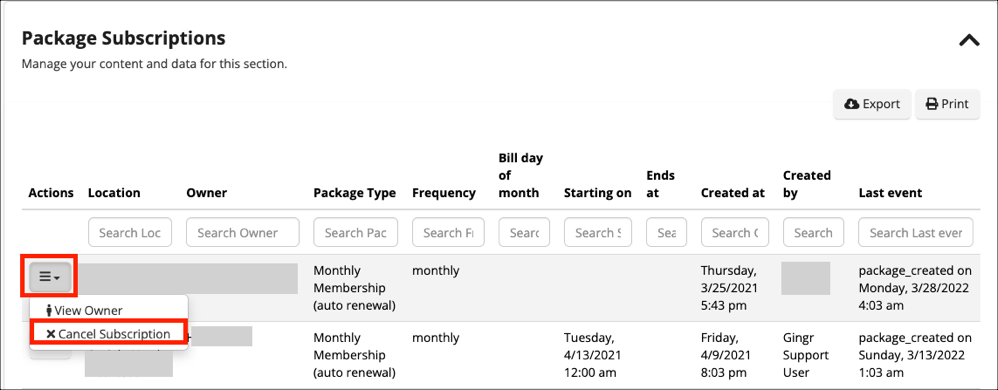 Subscription management interface.