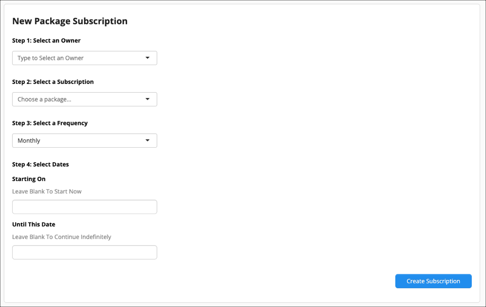 Subscription form with dropdown menus.