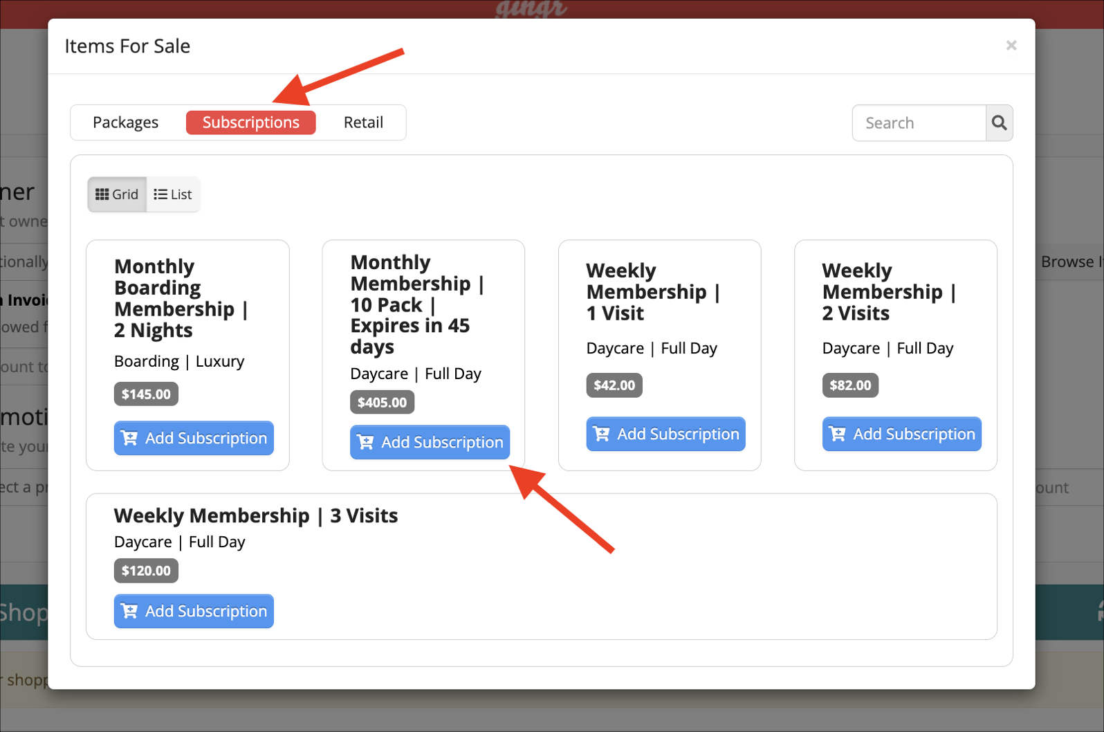 Subscription options for sale interface.