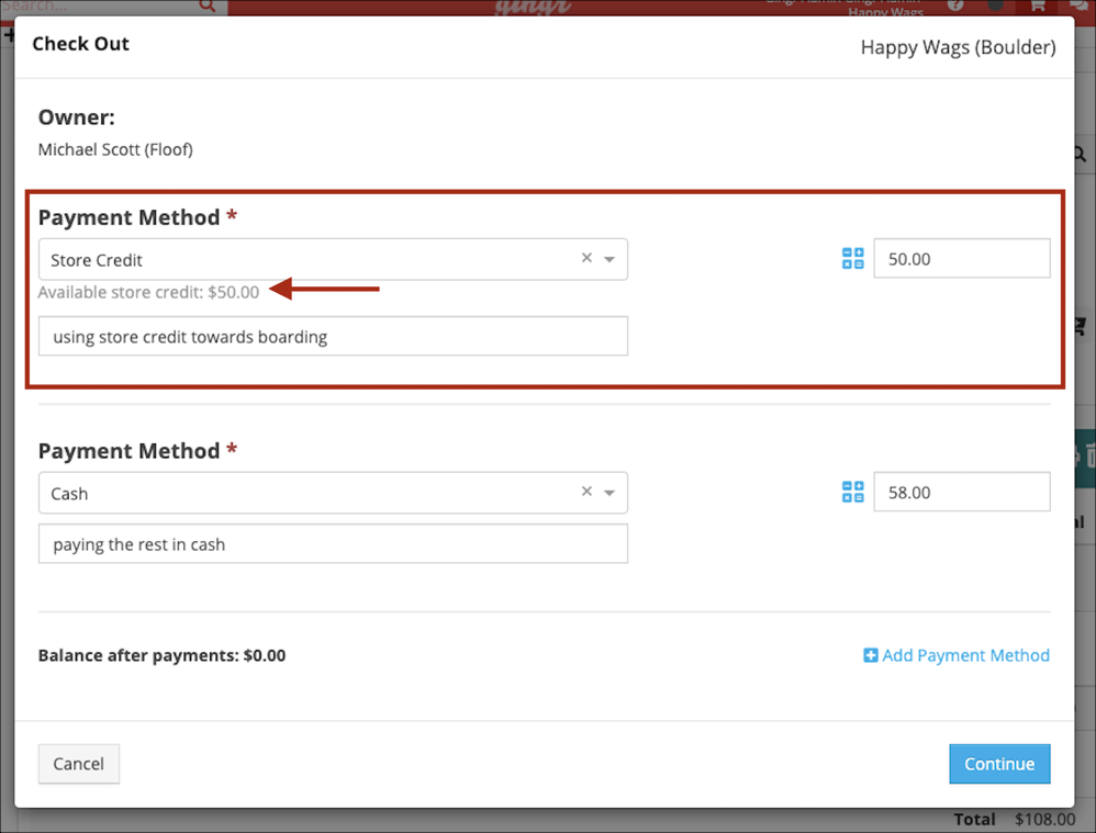 Checkout screen with payment methods.