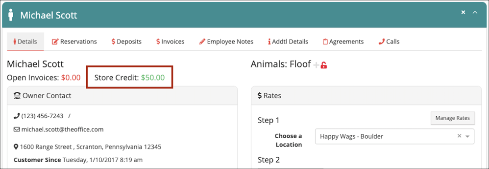 Store credit and contact details screen.