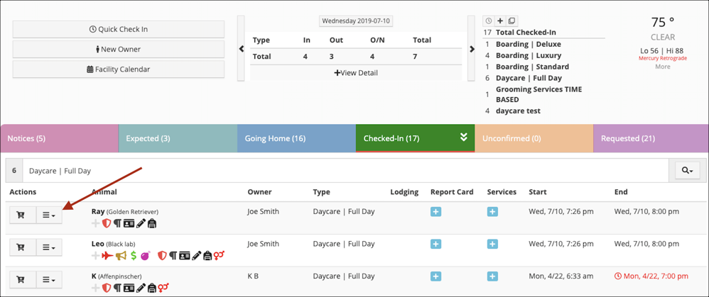 Pet daycare check-in dashboard.