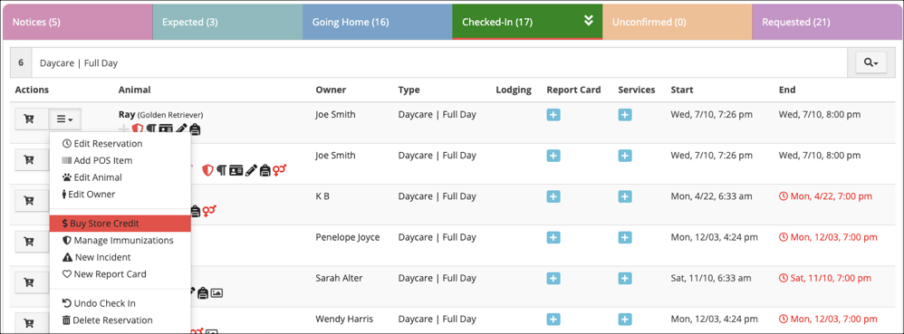 Daycare reservation list with actions menu.