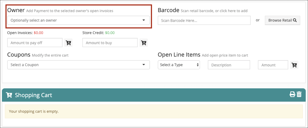 Shopping cart interface with empty cart message.