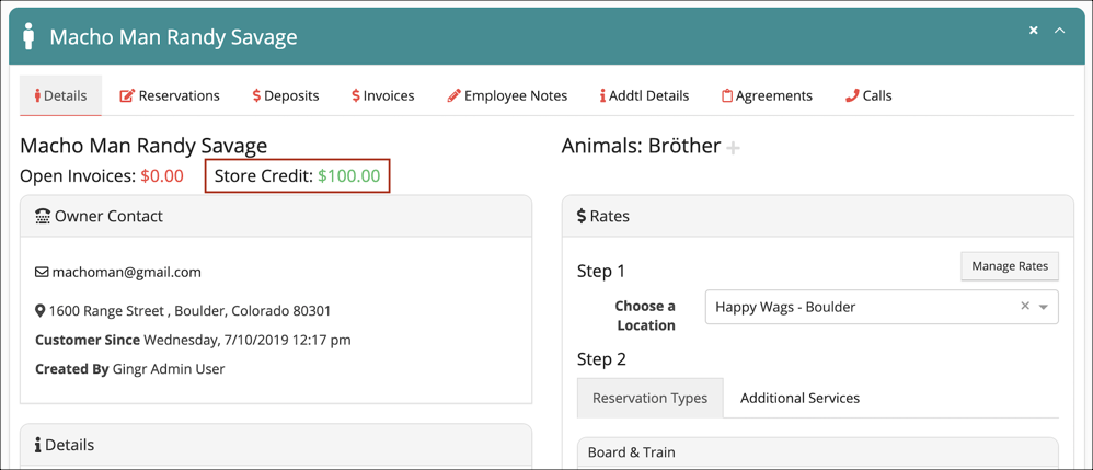 Customer account details screen.