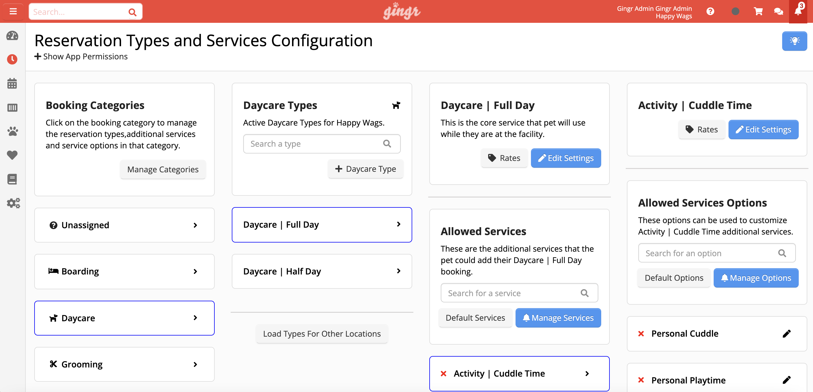 Reservation types and services configuration page.