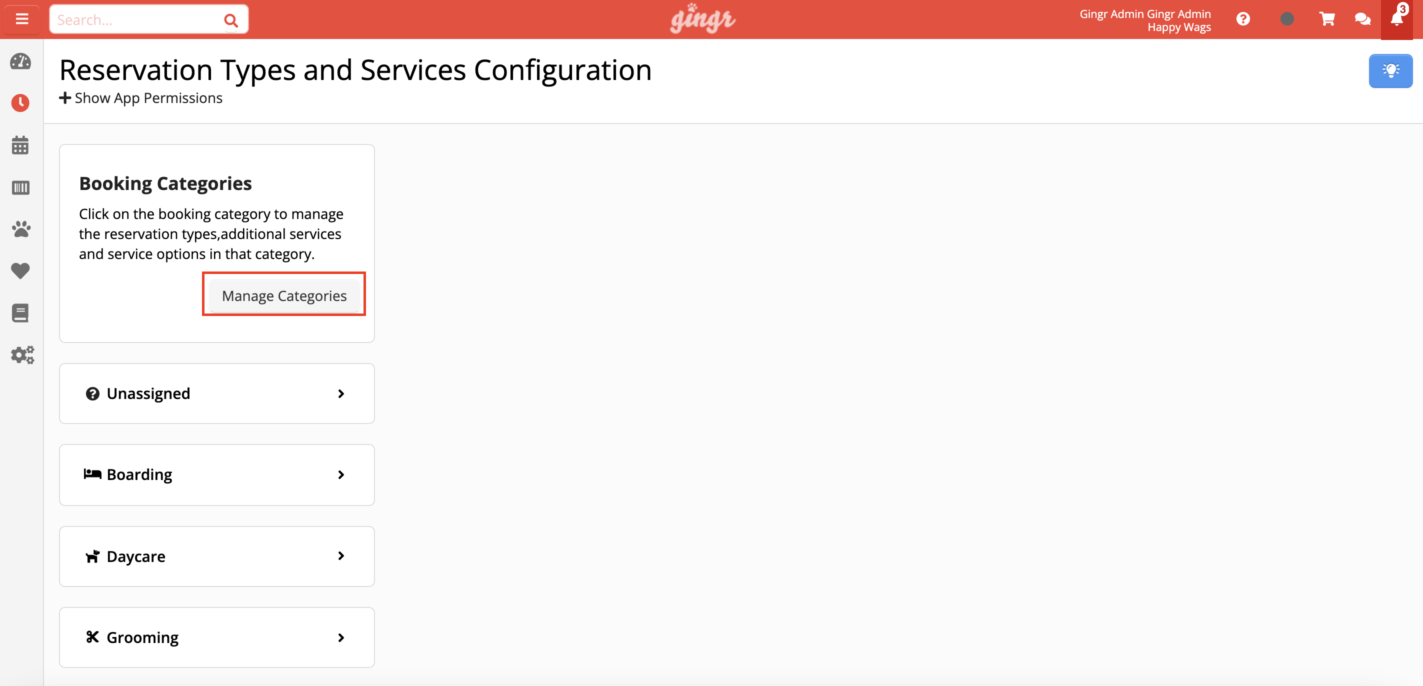 Reservation types and services configuration page