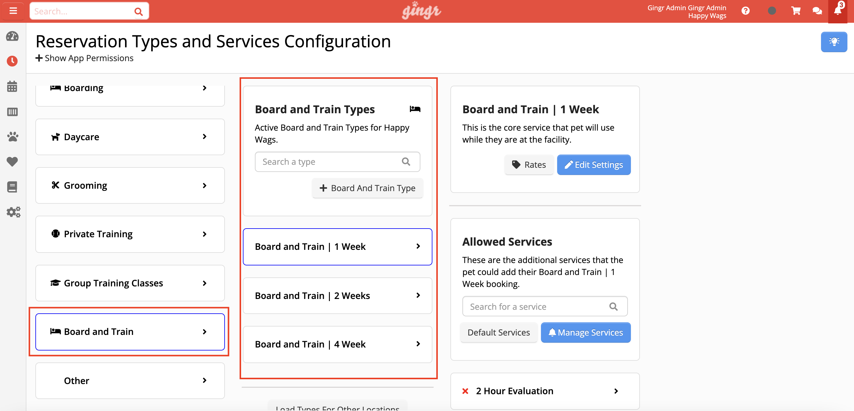 Reservation types and services configuration page