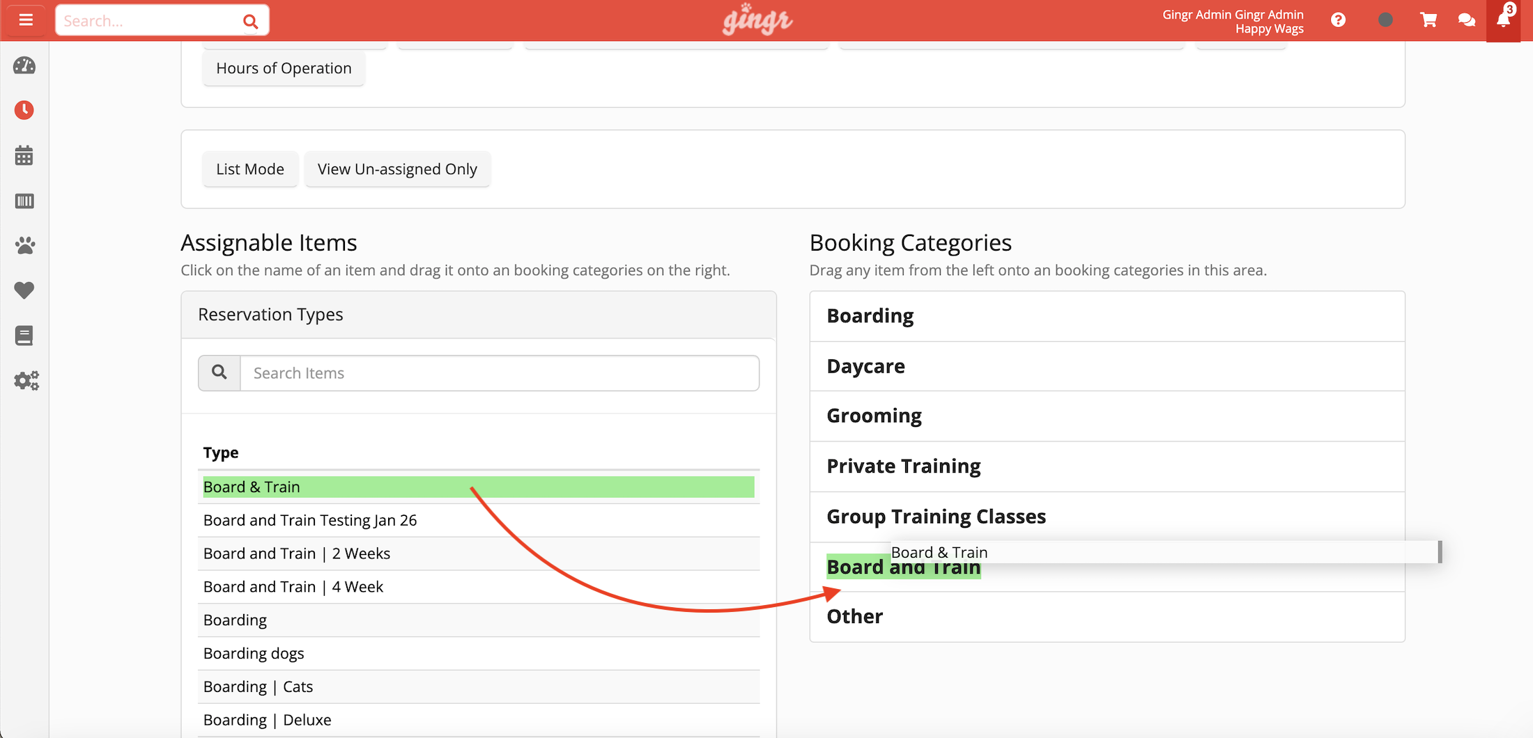 Drag and drop interface for booking categories.