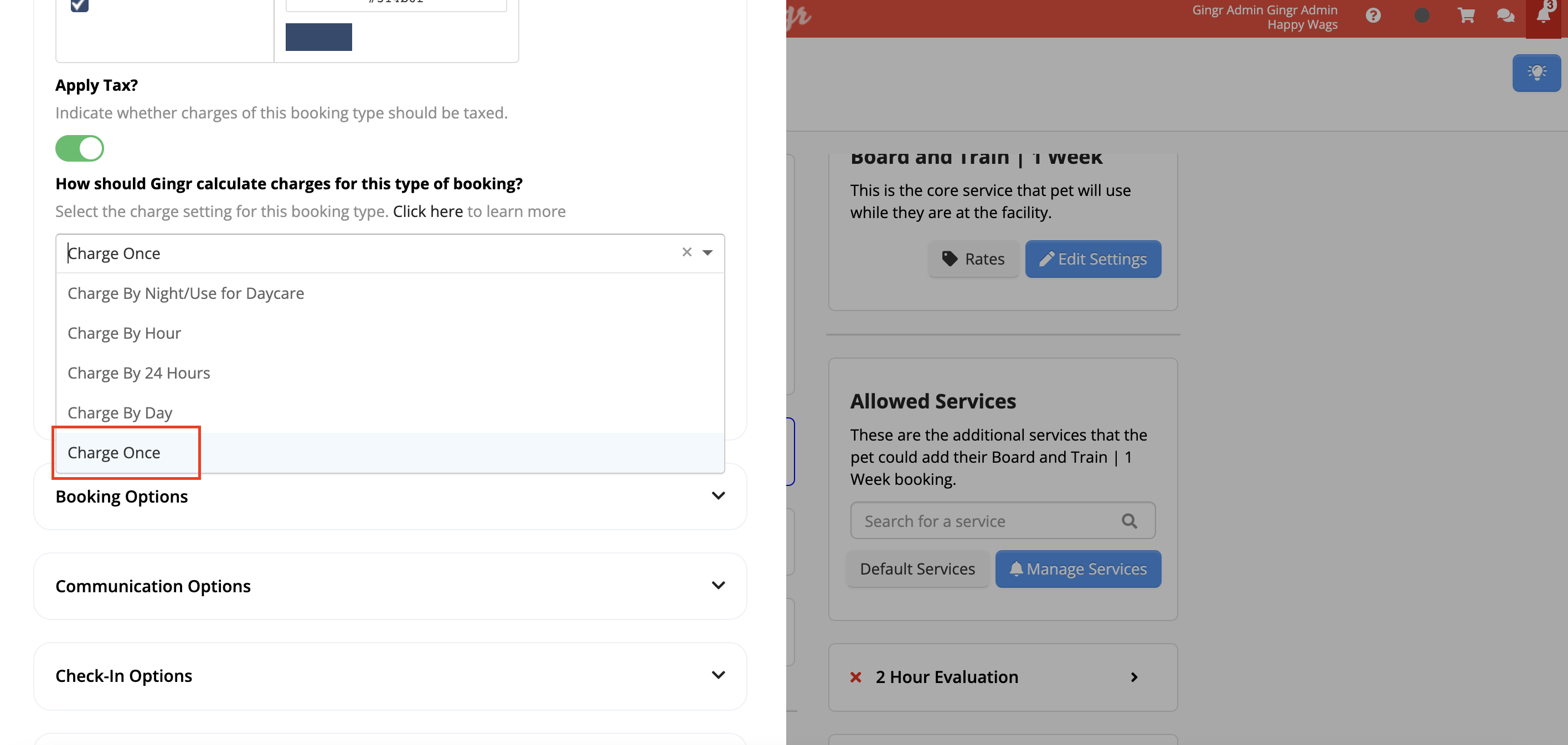Charge Once" option selected in dropdown menu.