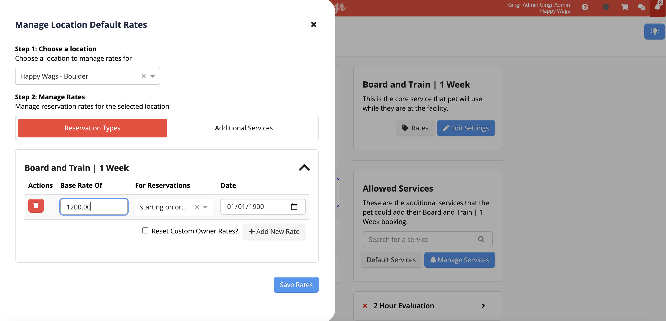 Manage location default rates interface