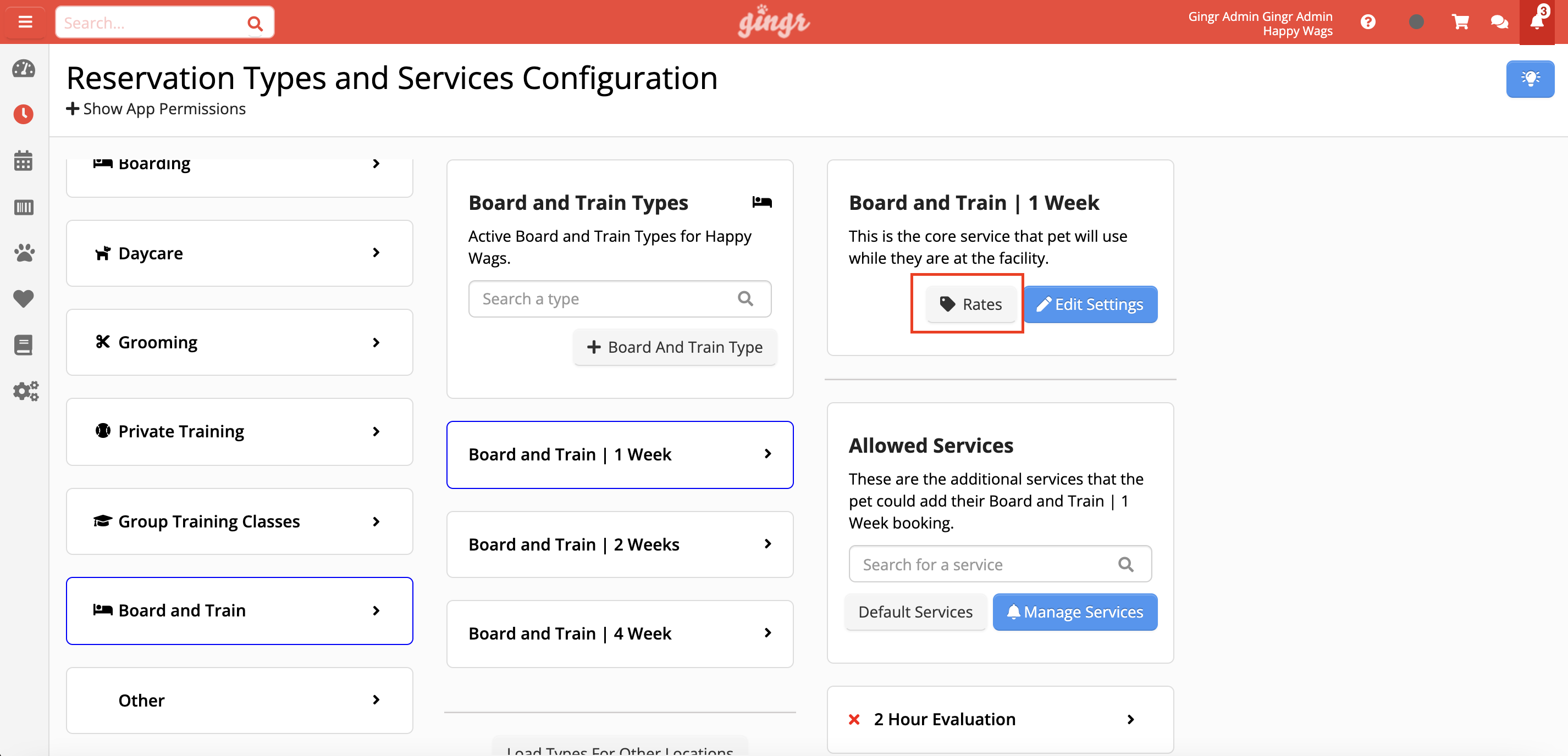 Reservation types and services configuration page