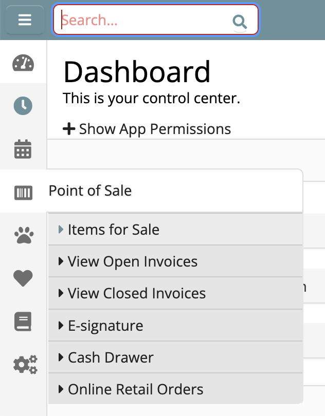 Dashboard with Point of Sale menu