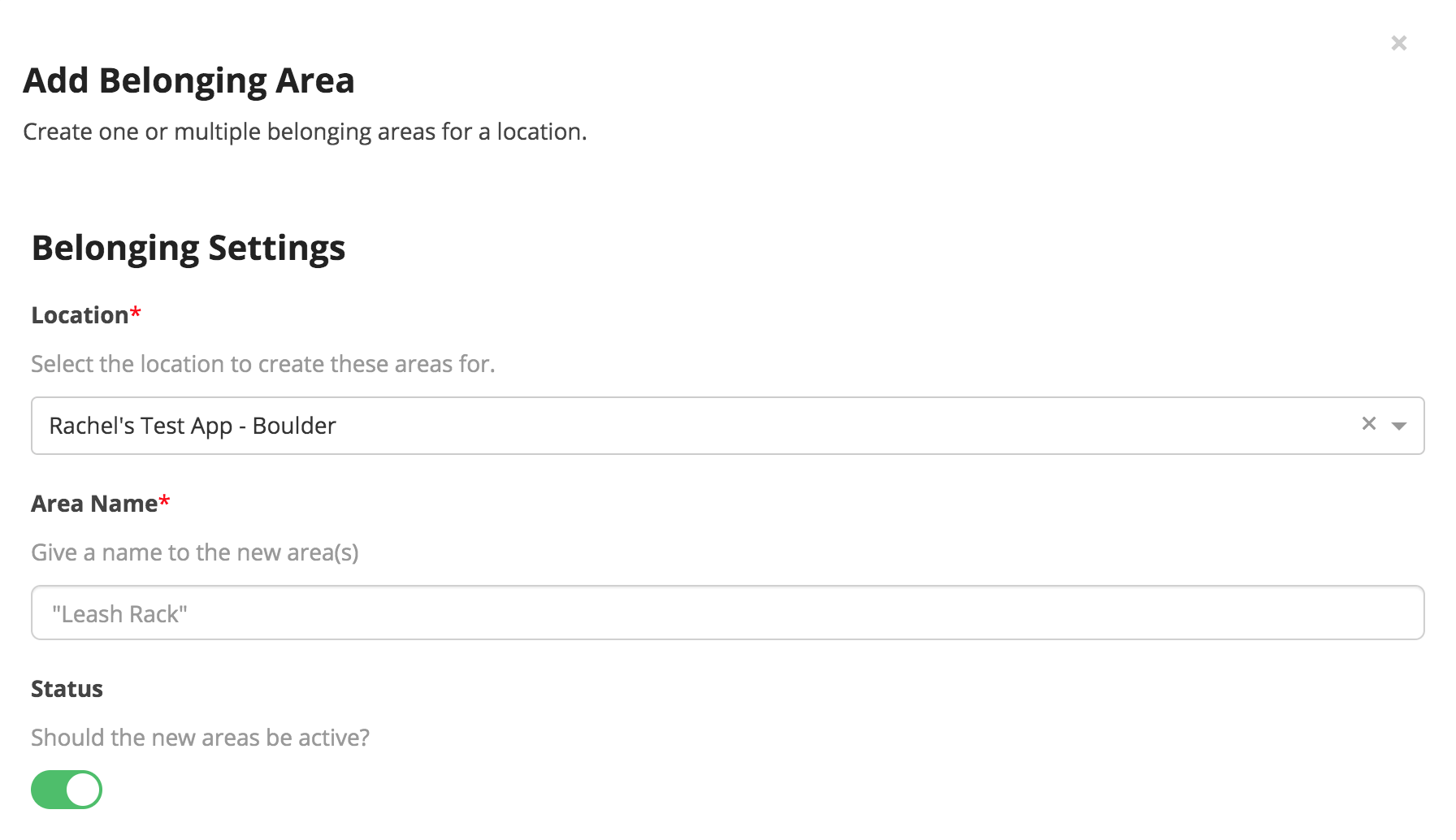 Add Belonging Area settings form