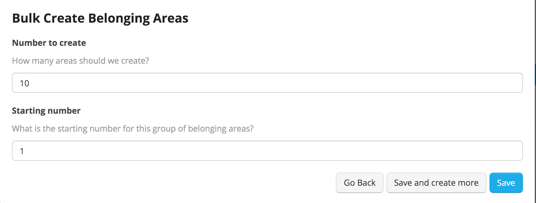Form for creating belonging areas