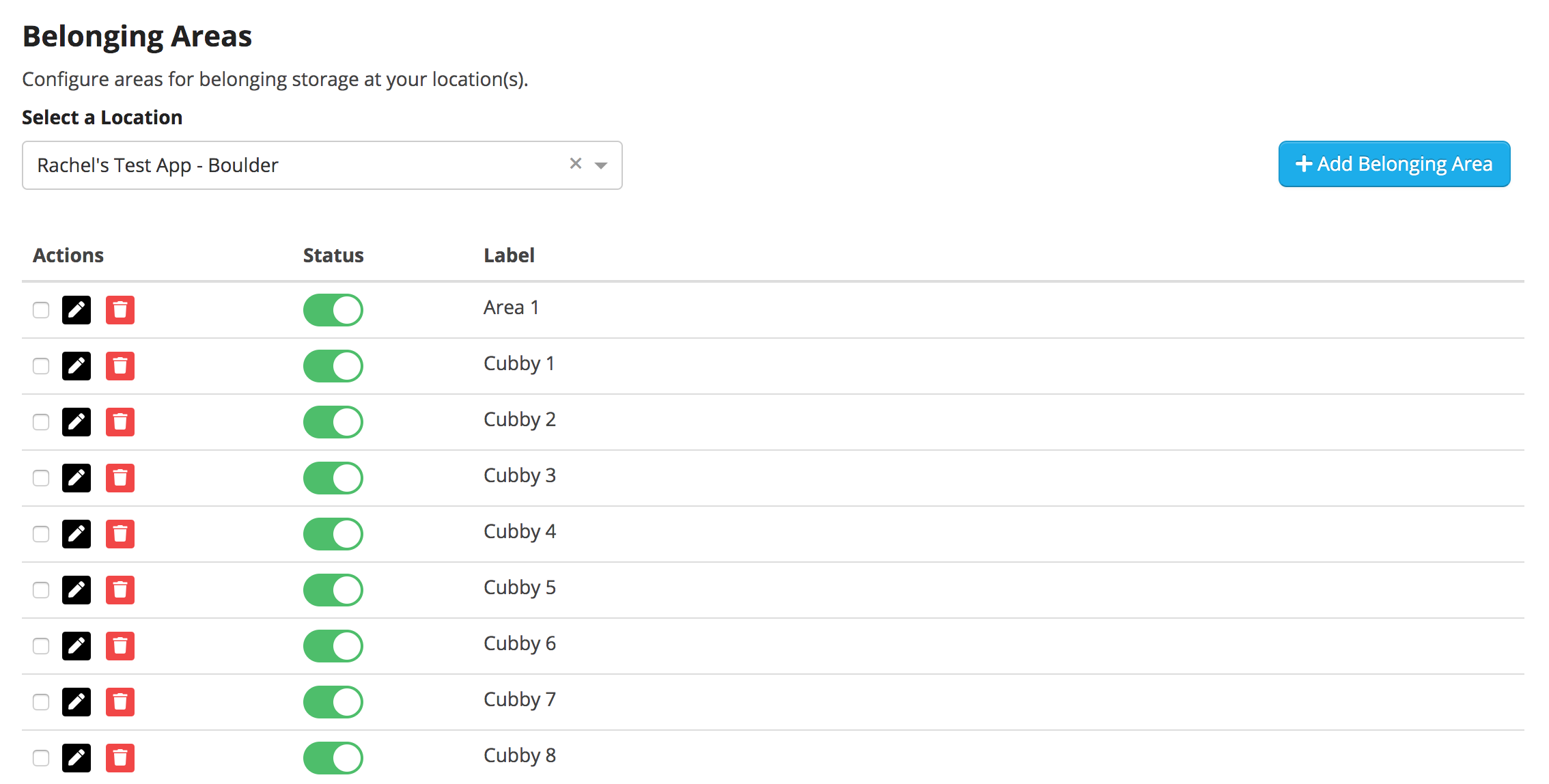 Belonging areas list with toggle switches.